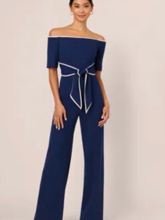 Adrianna Papell Pants - Adrianna Papell Off-Shoulder Navy Wide-Leg Jumpsuit with Contrast Trim  NWT 4